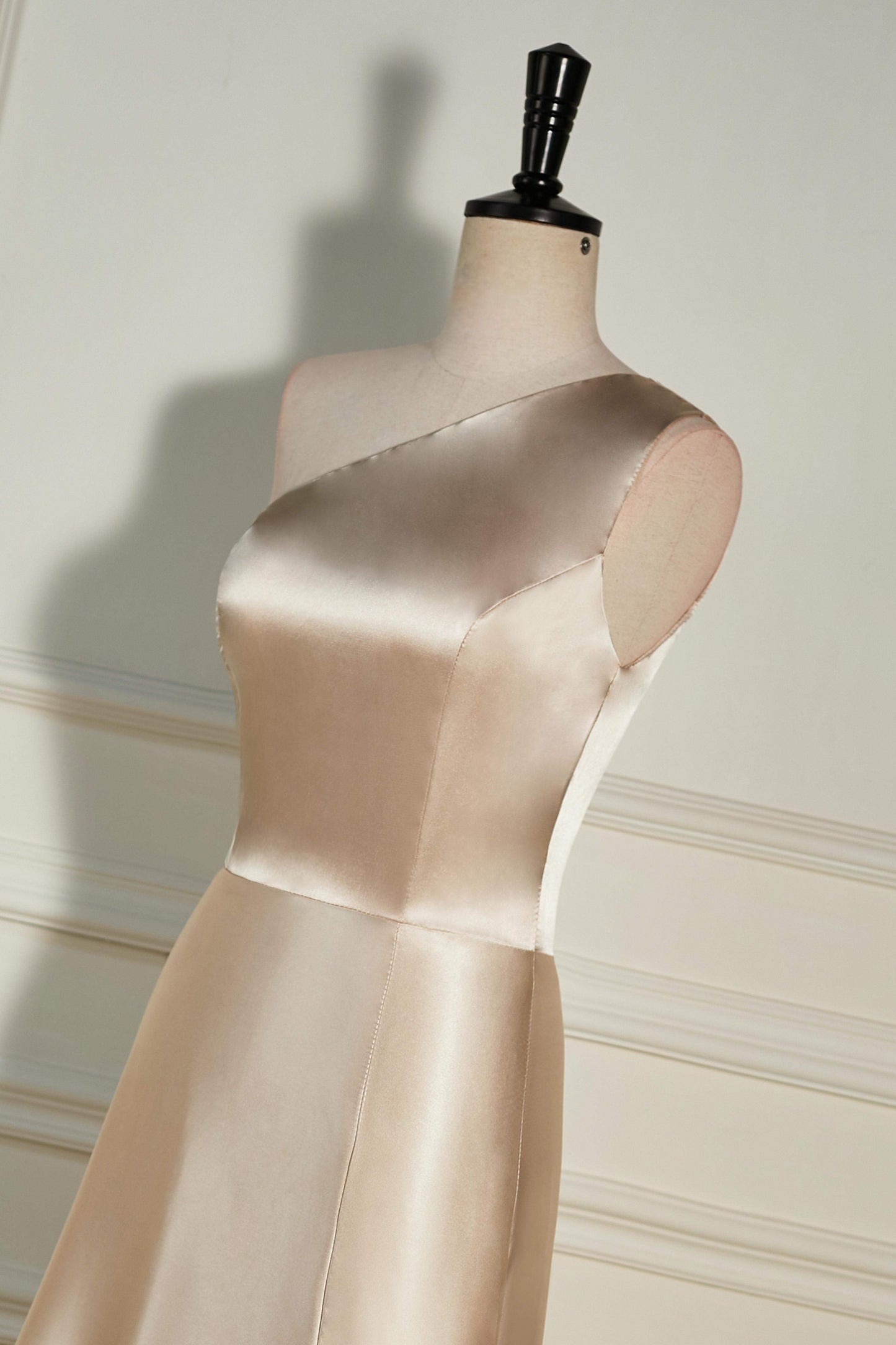 Champagne One Shoulder A-line Satin Long Bridesmaid Dress with Slit