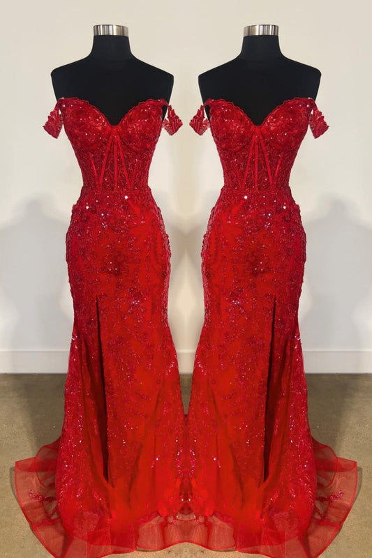Gold Off-Shoulder Sequined Floral Mermaid Long Prom Dress with Slit
