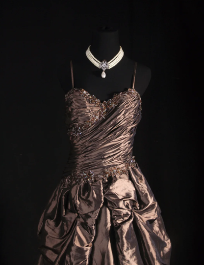 Retro Spaghetti Straps Brown Satin Pleated Beaded Long Party Dress Birthday Dress D2226