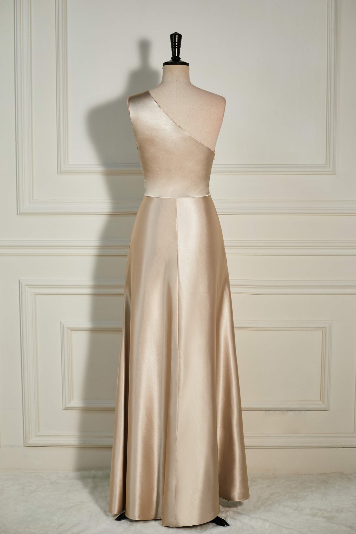 Champagne One Shoulder A-line Satin Long Bridesmaid Dress with Slit