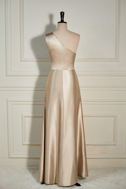 Champagne One Shoulder A-line Satin Long Bridesmaid Dress with Slit