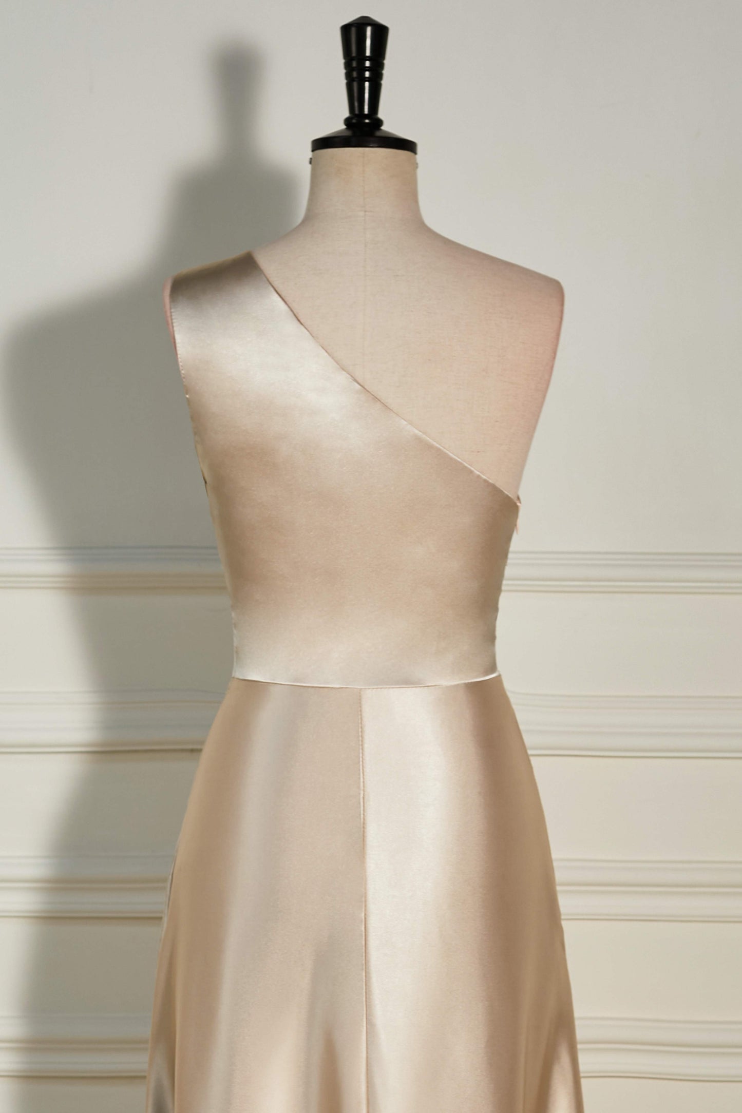 Champagne One Shoulder A-line Satin Long Bridesmaid Dress with Slit