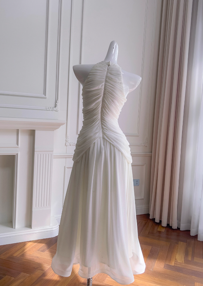 Elegant White A Line Halter Pearl Pleated Chiffon Prom Dress Vacation Dress SH4503