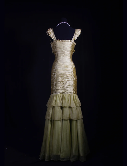 Chic Yellow-Green Satin Pleated Mermaid Long Party Dress Evening Gown  D2255