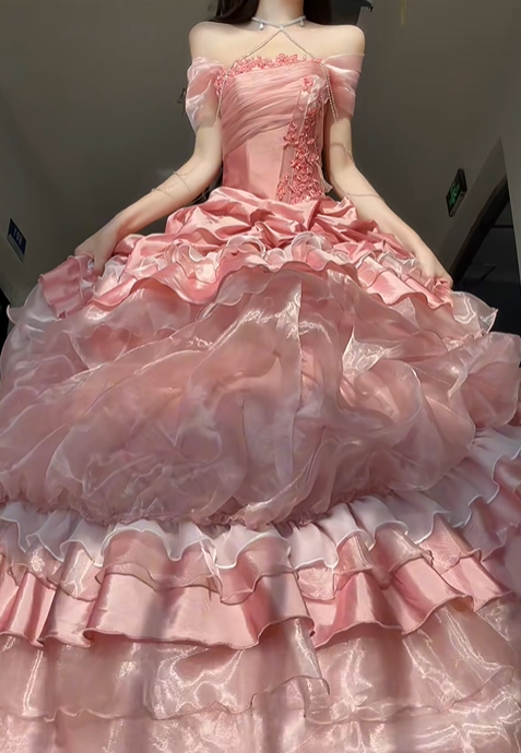 Pink Rose Ball Gown Off the Shoulder Layered Organza Satin Prom Dress Party Dress SH5024