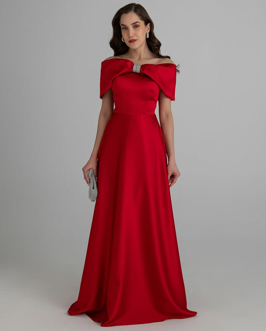 Red Bowknot Sleeves Off-Shoulders Square A-Line Prom Dress