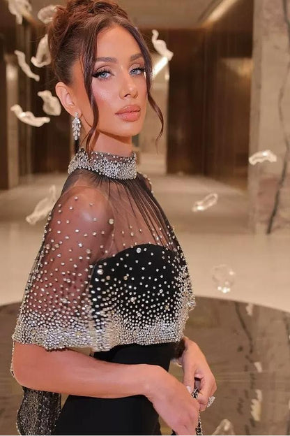 Shinning Black Satin Sweetheart Beaded Sleeveless Mermaid Prom Dress with Shawl