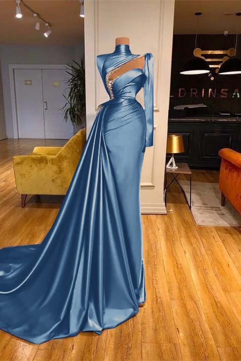 High Neck Long Sleeves Mermaid Prom Dress Beadings With Ruffles