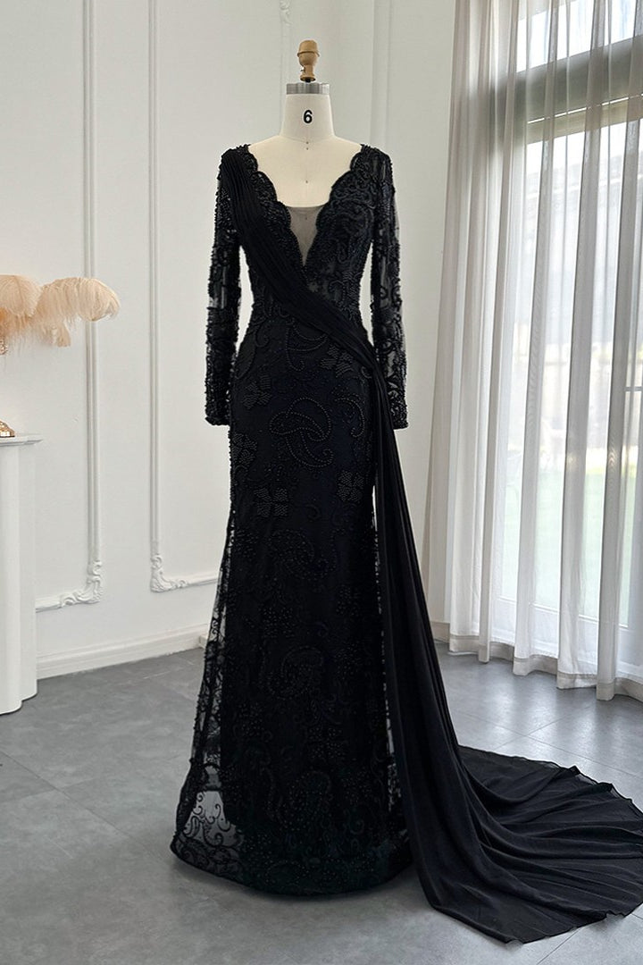 Black V Neck Mermaid Prom Dress Long Sleeves With Appliques Ruffles