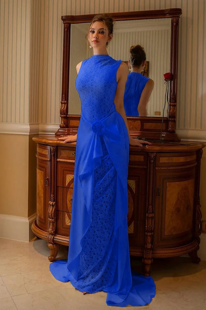 High Neck Sleeveless Mermaid Evening Dress With Lace Embroidery