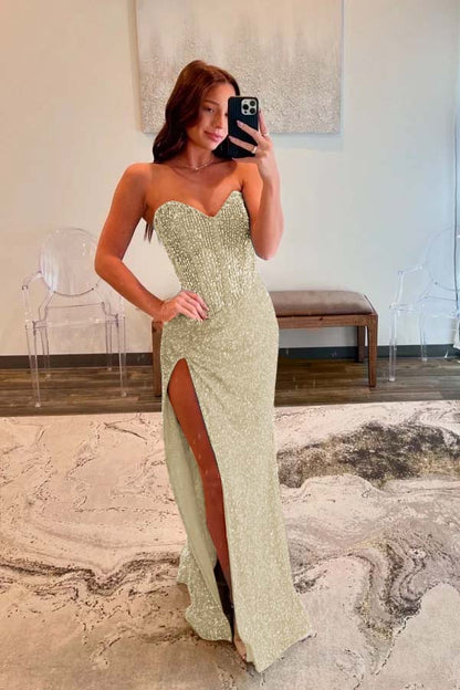 Strapless Blue Beaded Slit Prom Dress