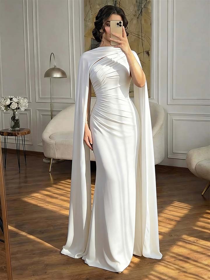Fashionable Dark Navy Asymmetric Sleeveless Pleated Prom Dress With Scarf