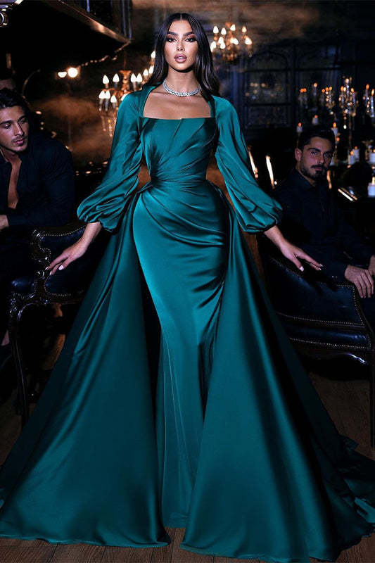Square Emerald Long Sleeves Mermaid Prom Dress With Ruffles