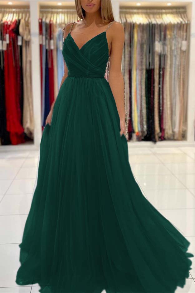 Long Light Sky Blue Spaghetti-Straps Tulle Prom Dress With Beads
