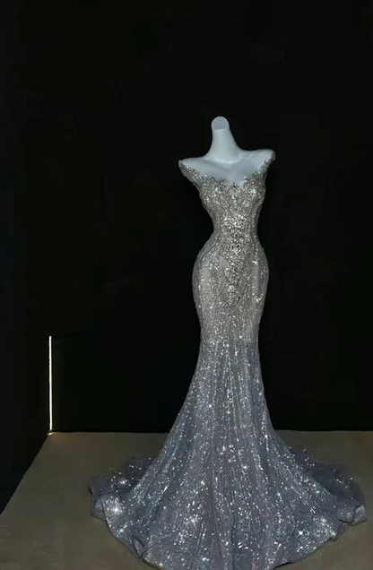 Silver gorgeous shiny fashion long sequin mermaid floor length fishtail dress prom dress, evening dress, party dress  fg8548