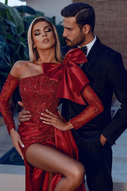 Long Sleeves Bowknot Burgundy Sequins Mermaid Prom Dress With Split