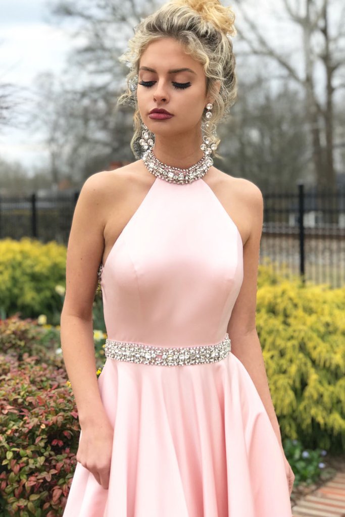 Halter Sleeveless Mermaid Prom Dress Pink With beads