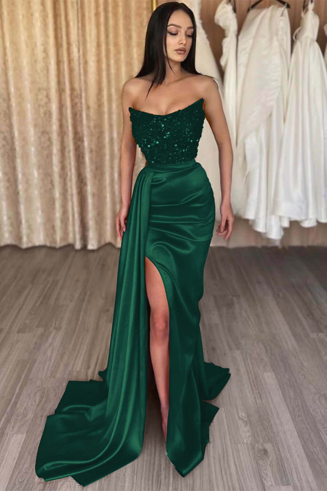 Red Strapless Elegant Long Sequins Prom Dress Mermaid Slit