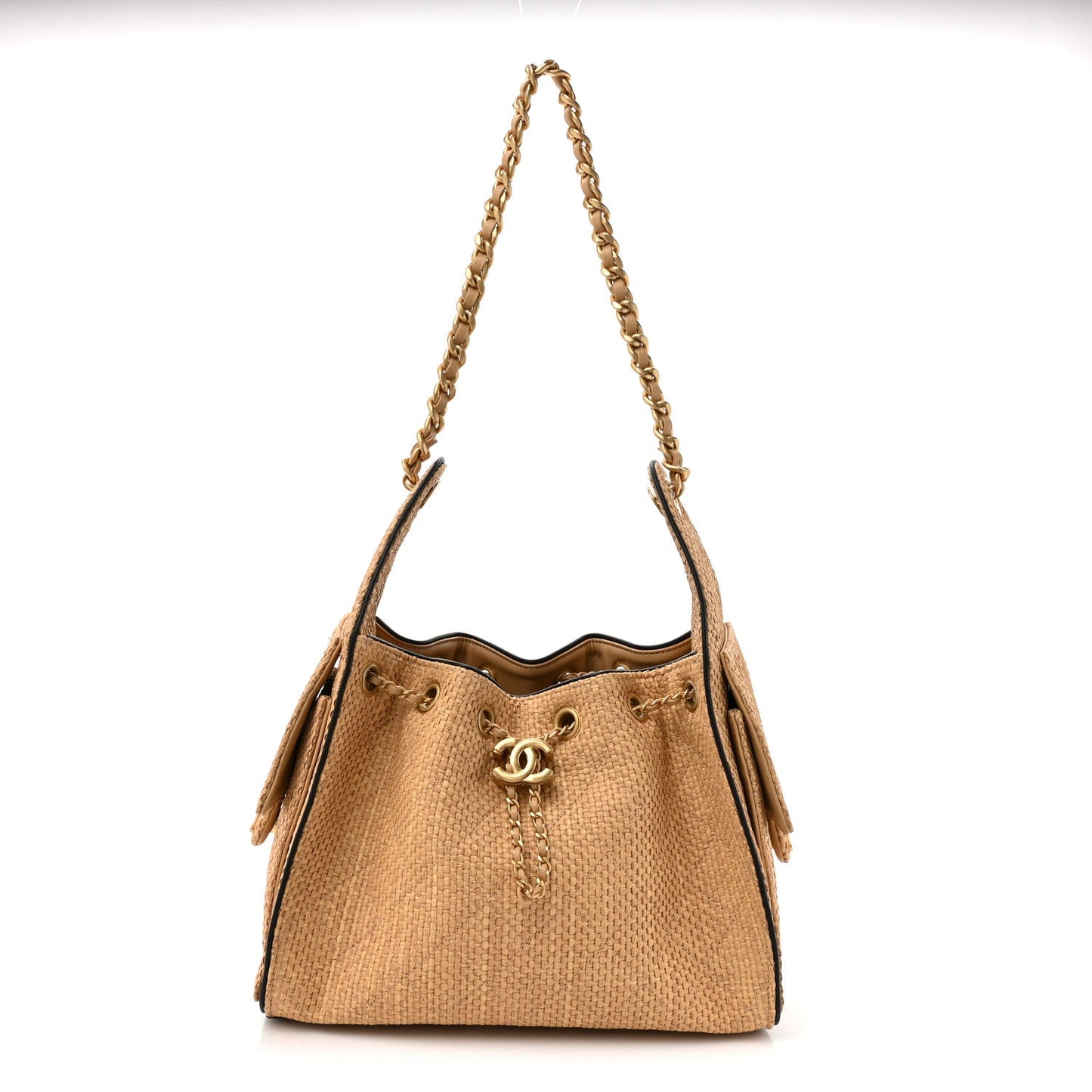 Braided Raffia Calfskin Quilted Small Chanel 25 Handbag Beige Black