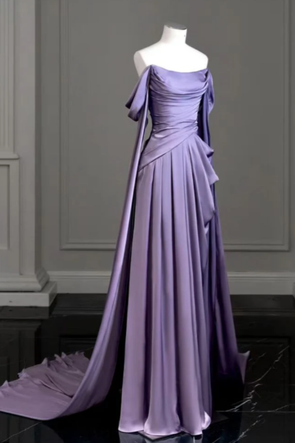 Sleeveless Off-The-Shoulder Pleated Long Prom Dress With Trailing On Both Sides