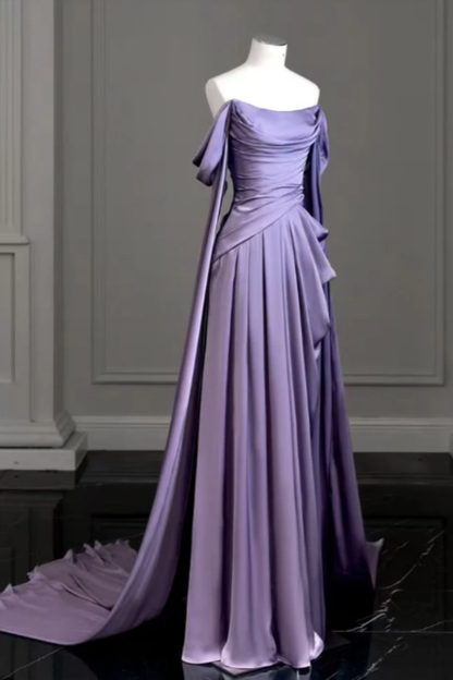 Sleeveless Off-The-Shoulder Pleated Long Prom Dress With Trailing On Both Sides