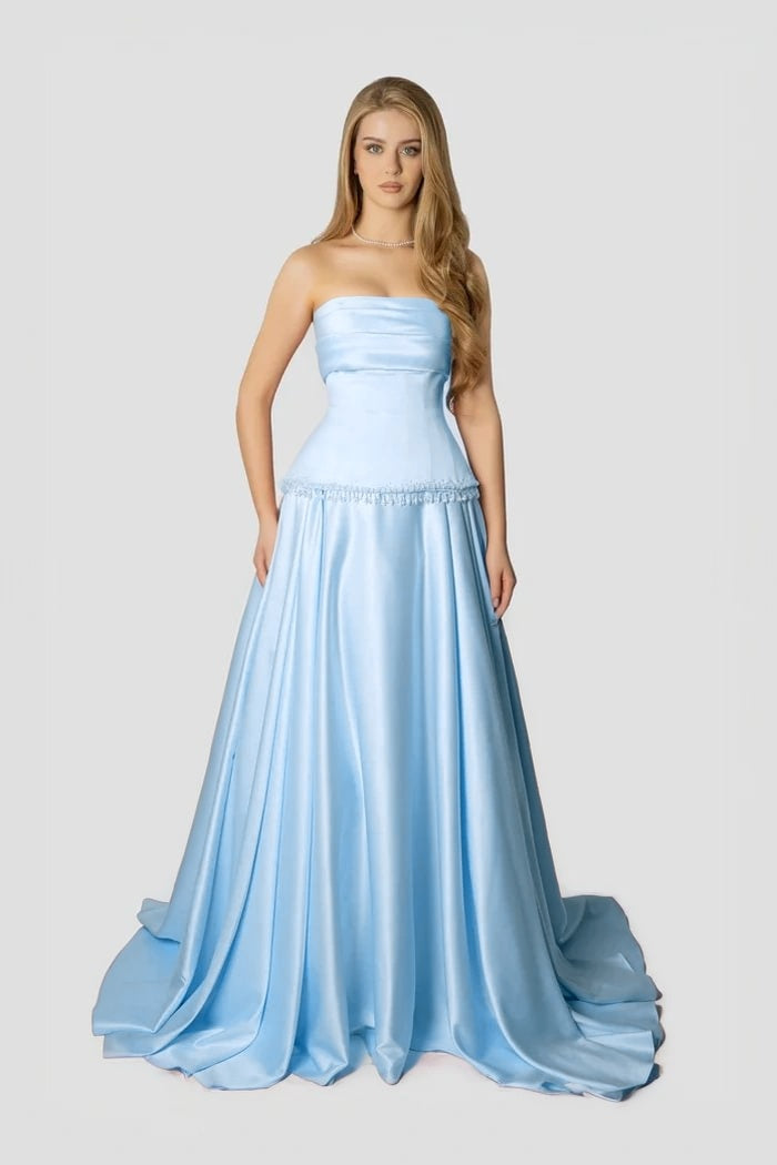 Baby Pink Strapless Evening Dress A-Line Sleeveless in Satin With Beading