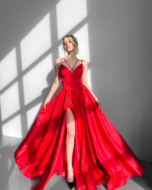 Red Sleeveless Spaghetti Halter Straps V-Neck A-Line Prom Dress