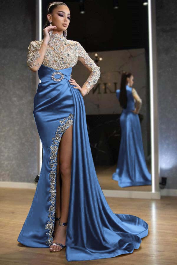 Royal Blue Long Sleeves Split Beadings Mermaid Prom Dress With Ruffles