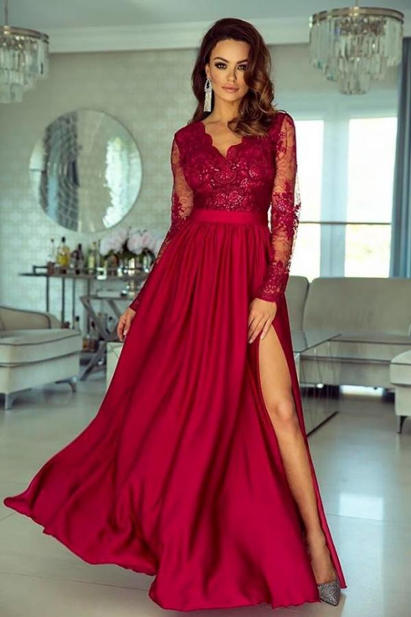 V-Neck Long Sleeve Lace Prom Dress With Slit