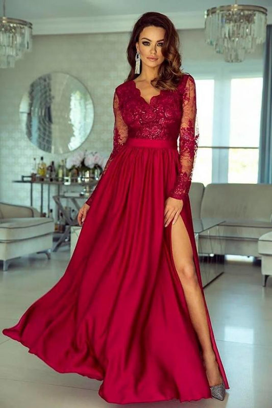 V-Neck Long Sleeve Lace Prom Dress With Slit
