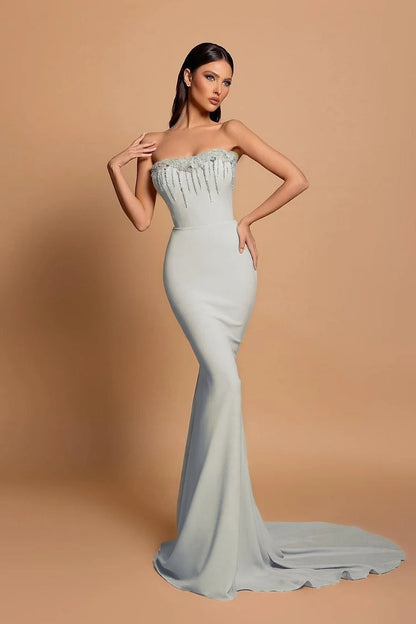 Strapless Pink Sleeveless Long Mermaid Beading Evening Dress