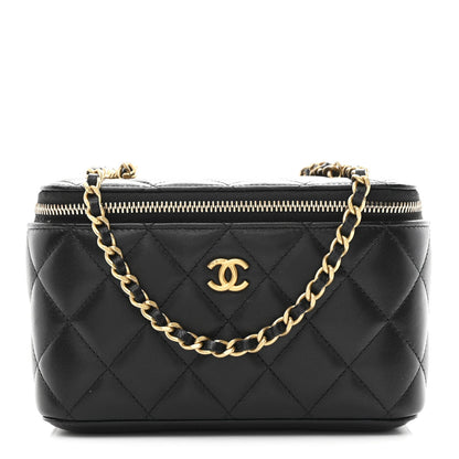 Lambskin Quilted Pearl Crush Small Vanity Case With Chain Black