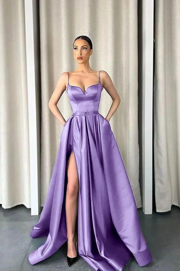 Dark Green Spaghetti-Straps A-Line V-Neck Long Prom Dress With Split