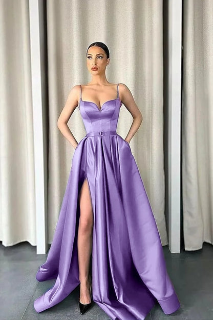 Dark Green Spaghetti-Straps A-Line V-Neck Long Prom Dress With Split