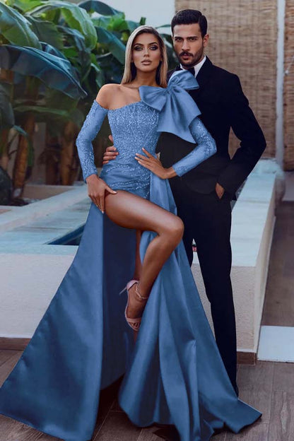 Long Sleeves Bowknot Burgundy Sequins Mermaid Prom Dress With Split