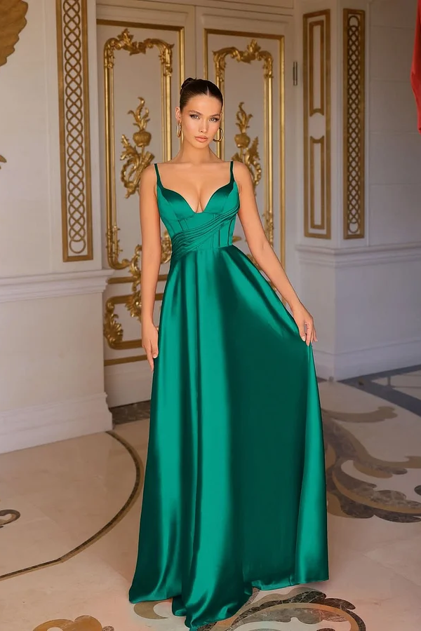 Sleeveless Deep V-Neck Spaghetti Straps A-Line Prom Dress