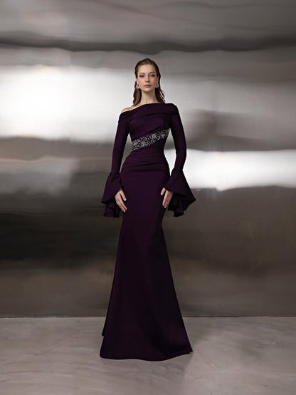 Sophisticated Dark Purple Off Shoulder Prom Dress with Bell Sleeves and Beaded Waistline
