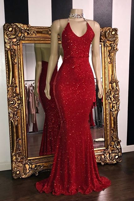 Mermaid Sleeveless Red Prom Dress With Seuqins