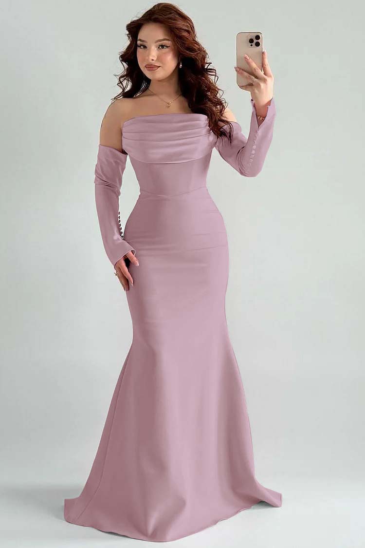 Square Strapless Mermaid Long Sleeves Prom Dress With Pleated