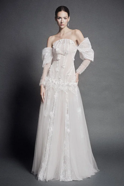 White Strapless Off-the-Shoulder A Line Evening Dress with Appliques
