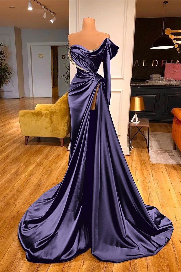 One-Shoulder Purple Long Sleeves Beadings Evening Dress Split Mermaid
