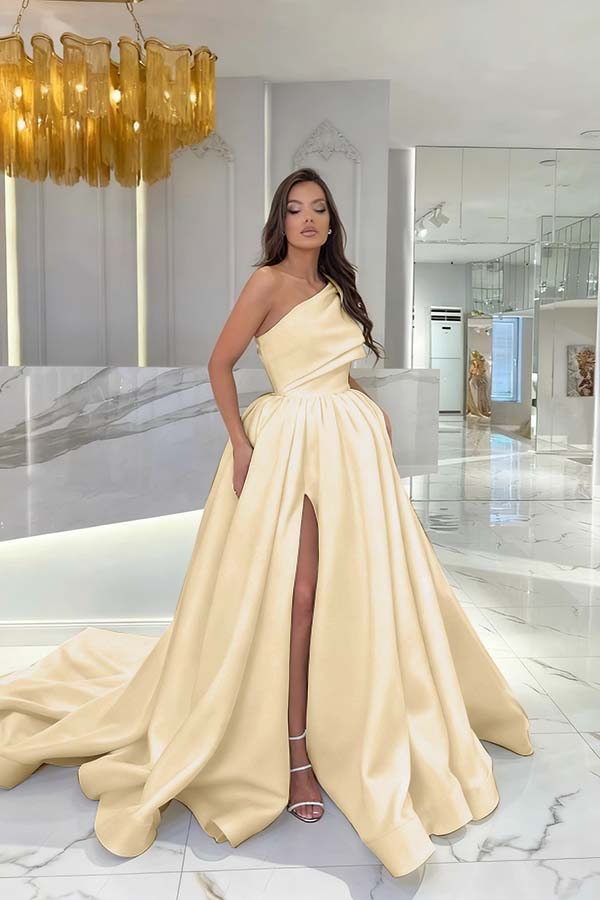 Black Satin Sleeveless One Shoulder Strap Long Prom Dress With Slit
