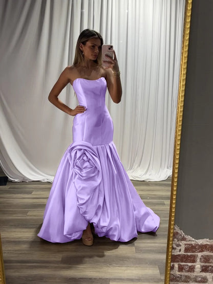 Dreamy Pearl Pink Straight Across Handmade Flower Mermaid Evening Dress