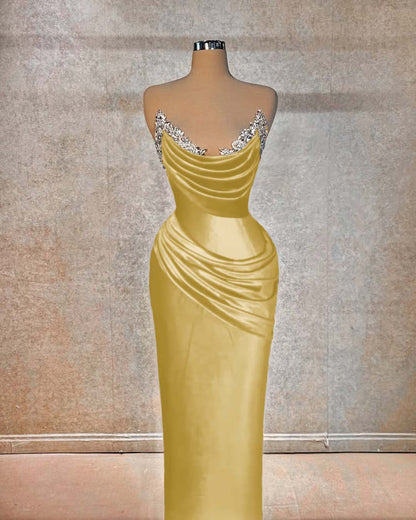 Red Sleeveless Strapless Mermaid Pleated Beads Prom Dress