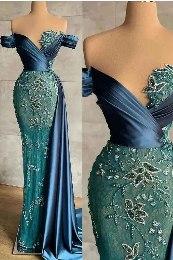 Elegant Off-The-Shoulder Embroidery Embellished Satin Lace Prom Dress in Deep Teal