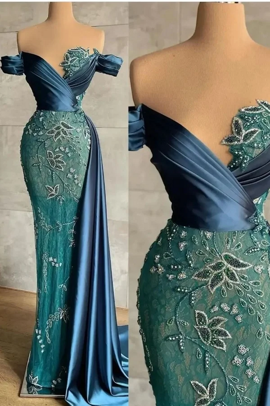 Elegant Off-The-Shoulder Embroidery Embellished Satin Lace Prom Dress in Deep Teal