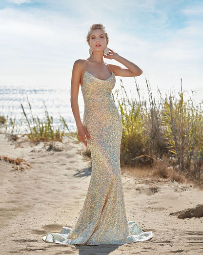 Sleeveless Spaghetti Straps Square Sequins Mermaid Prom Dress