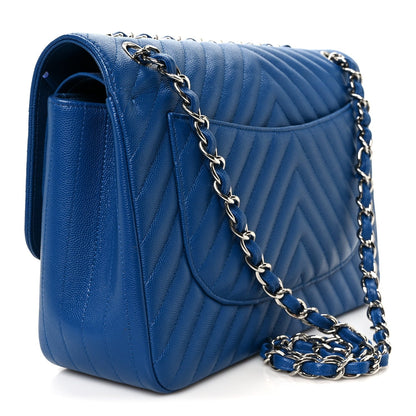 Caviar Chevron Quilted Jumbo Double Flap Blue