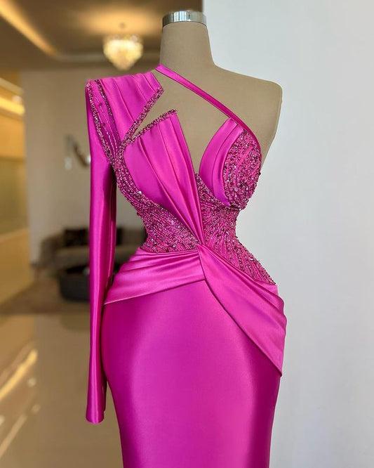 Noble Fuchsia One Shoulder Long Sleeve  Mermaid Evening  Dress With Beads