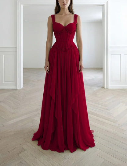 Graceful Sleeveless Wide Straps Beaded Ruffles Long Evening Dress